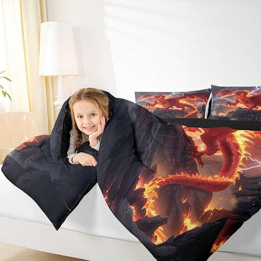 Castle Fairy Dragon Twin Size Comforter Set,Red Flame Quilt Set Soft Bed Collection,Cool Wild Animals Bedding Comforter for Boys Girls Room Decor,2 Pcs