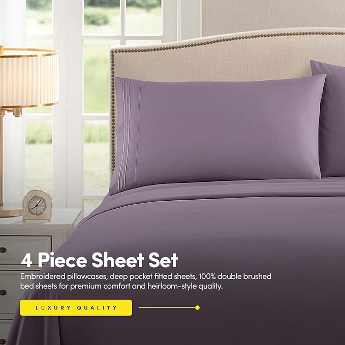 1500 Supreme Collection California King Sheet Sets Plum - Luxury Hotel Bed Sheets and Pillowcase Set for California King Mattress - Extra Soft, Elastic Corner Straps, Deep Pocket Sheets Plum