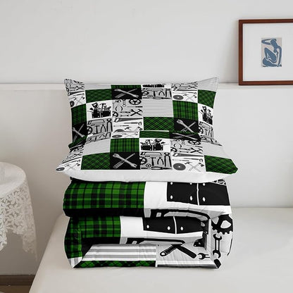 Kids Boys Car Comforter Set Farmhouse Gingham Check Bedding Set Wrench Repair Outfit Bedding Home Decor Green Black Comforter Full Size 3 Pieces Quilted Duvet Set with 2 Pillowcase