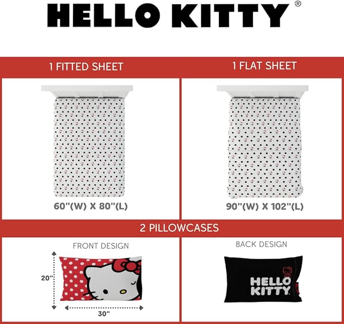 Collectibles Hello Kitty Polka Dot Bedding Super Soft Microfiber 4 Piece Queen Sheet Set, (Officially Licensed Product) By Franco