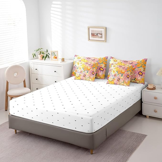 Bohemian King Comforter Set with Sheets Bed in a Bag 7 Pcs,70s Hippie Floral Retro Flowers Bed Set,Vintage Farmhouse Style Bedding Sets with Comforter,Flat,Fitted Sheet,Pillowcases,Pillow Covers