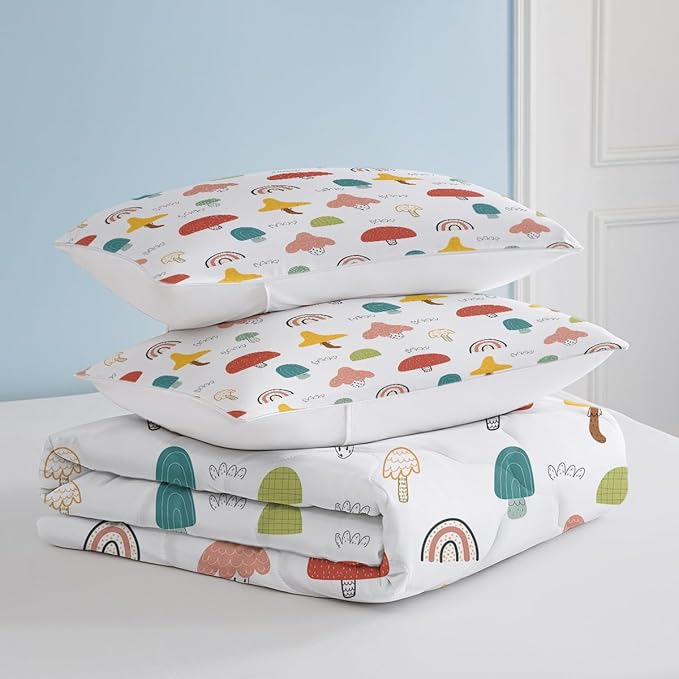 SOULZZZ Girls Rainbow Mushroom Comforter Colorful Trippy Cartoon Mushroom Bed Set Twin Size for Kids Boys Teens Wild Garden Plant Rainbow Kawaii Bedding Set with 2 Pillowcases