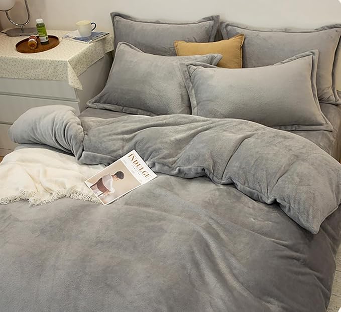 Houseri Grey Velvet Comforter Set Twin Fluffy Flannel Furry Bedding Sets Kids Fuzzy Comforter Plain Grey Sherpa Bedding Comforters Sets Twin