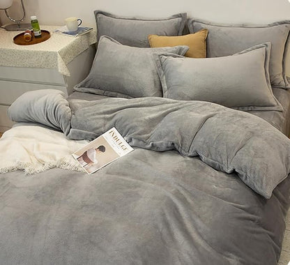 Houseri Grey Velvet Comforter Set Twin Fluffy Flannel Furry Bedding Sets Kids Fuzzy Comforter Plain Grey Sherpa Bedding Comforters Sets Twin
