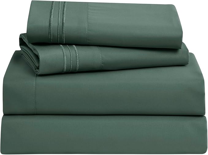 Clara Clark Bed Sheets, Premier 1800 Series Bed Sheet Set, Deep Pocket, Wrinkle, Fade, Stain Resistant, Luxury Soft Bedding Sheets & Pillowcases, Split King, Forest Green