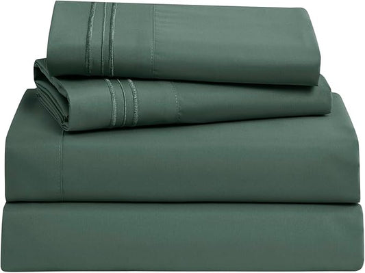 Clara Clark Bed Sheets, Premier 1800 Series Bed Sheet Set, Deep Pocket, Wrinkle, Fade, Stain Resistant, Luxury Soft Bedding Sheets & Pillowcases, Split King, Forest Green