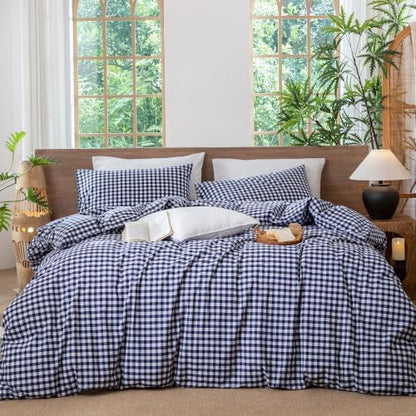 MooMee Gingham Duvet Cover Set 100% Washed Cotton Linen Like