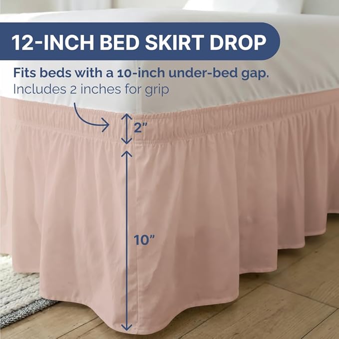 Wrap Around Dust Ruffle Bed Skirt - Mauve - for Queen Size Beds w/ 12 Inch Drop - Easy Fit Elastic Strap - Adjustable Pleated Bedskirt w/Brushed Fabric - Wrinkle Free - for Women, Men, Kids & Teens