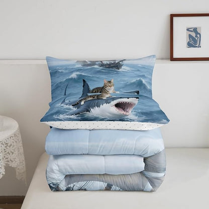 Erosebridal Kitten Comforter Set King Size Shark Bedding Set for Kids Girls Boys Safari Sea Waves Nautical Ocean Ship Blue White Comforter Warm Soft Quilt Insert