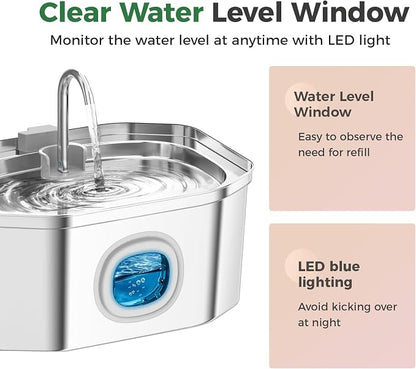 Cat Water Fountain, Apauk 108oz/3.2L Silent cat Water Fountain Stainless Steel, Cat Fountain, Automatic Pet Water Fountain,Dog Bowl, Controllable Blue Light - (2 Filters& 2 Sponges)