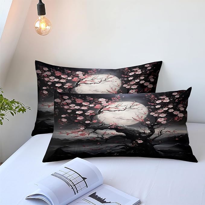 Japanese Style Cherry Blossom Comforter Set Queen Pink Cherry Blossoms Bedding Black Floral Bedding Set 3Pcs Oriental Comforter Asian Art Decorative Bedding Comforter Set for All Season