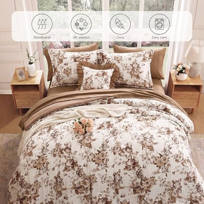 BLOOMHAVEN Full Size Comforter Sets-7 Pieces Brown Floral Bed in a Bag