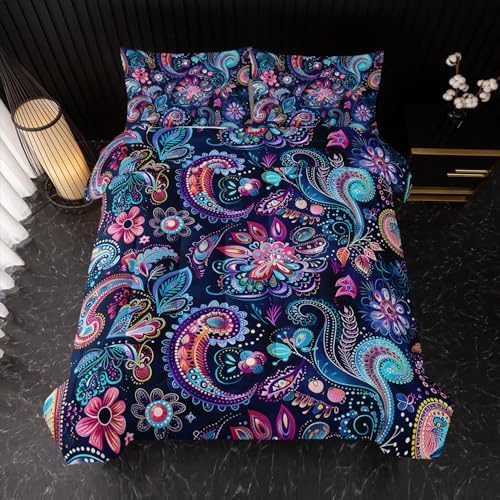 Nttopship Boho Floral Comforter Set King Size 3 PCS Paisley Flower Comforter Bed in a Bag Set Dark Blue Vintage Floral Boho Medallion Comforter Set for Kids Girls Teens Soft Microfiber Bedding Sets