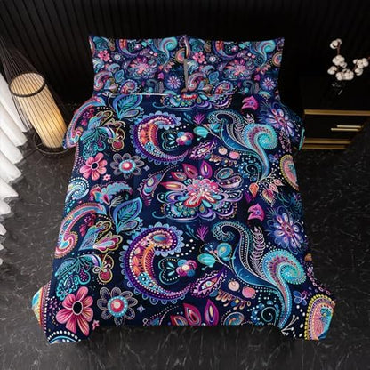 Nttopship Boho Floral Comforter Set King Size 3 PCS Paisley Flower Comforter Bed in a Bag Set Dark Blue Vintage Floral Boho Medallion Comforter Set for Kids Girls Teens Soft Microfiber Bedding Sets