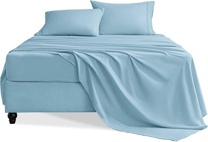 Queen Sheet Set, 4 Pieces Hotel Luxury Soft Microfiber Queen Bed Sheets Set, Up to 16" Deep Pockets, Oeko-Tex Sheets with Elastic, Breathable, Wrinkle Free (Sky Blue, Queen)