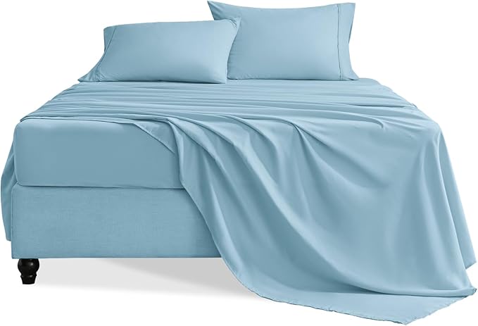 Full Size Bed Sheets Set, 4 Pieces Hotel Luxury Soft Microfiber Bed Sheets Set, Up to 16" Deep Pockets, Oeko-Tex Sheets with Elastic, Breathable, Wrinkle Free (Sky Blue, Full)