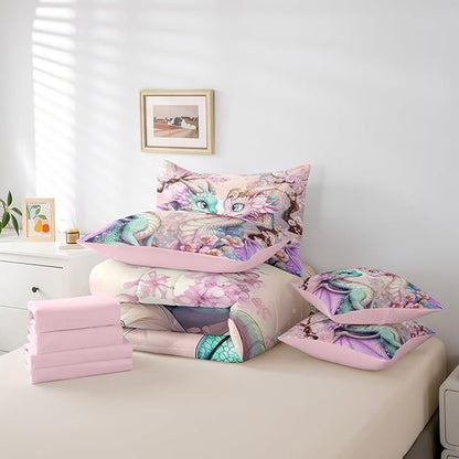 Western Dragon Couple Bedding Set,Japanese Cherry Blossom Full Comforter Set with Sheets for Kids Teens Room Decor,Pastel Girly Pink Castle Bed in a Bag 7 Piece for Bedroom Living Room