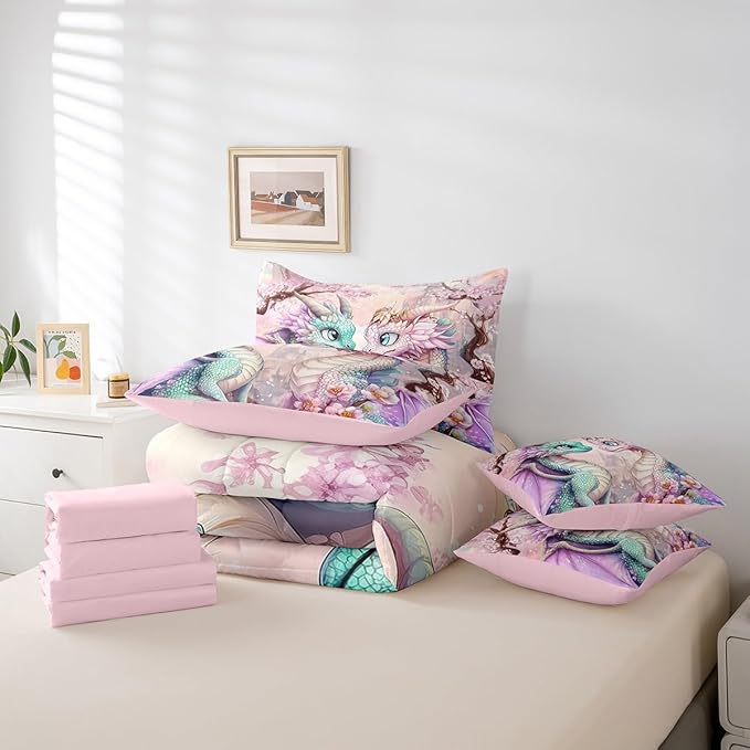 Western Dragon Couple Bedding Set,Japanese Cherry Blossom King Comforter Set with Sheets for Kids Teens Room Decor,Pastel Girly Pink Castle Bed in a Bag 7 Piece for Bedroom Living Room