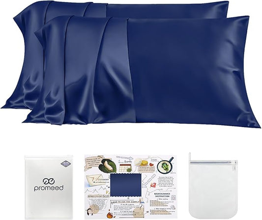 PROMEED 23 Momme Silk Pillowcase 2 Pack with Zipper, 3rd Gen Grade 6A+ 100% Mulberry Silk Pillow Case Set of 2, Cooling Pillow Cases for Hot Sleepers (King 20"x36", Navy)