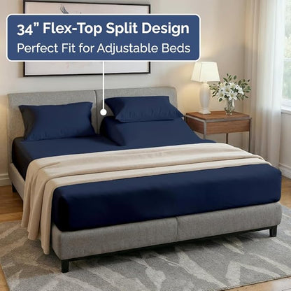 Flex Top Split Head King 4 Piece Sheet Set - Comfy Breathable & Cooling Bed Sheets Set - Hotel Luxury Bedding for Women, Men, Kids, Teens, Boys & Girls - Deep Pockets, Soft and Oeko-Tex - Navy Blue