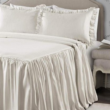 Lush Decor Ticking Stripe Bedspread Queen Size 3 Piece Set Wheat - Ruffle Bedding Set Queen Bedspreads - Striped Bedding - Farmhouse & Coquette Decor
