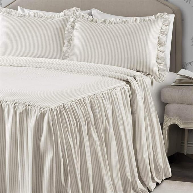Lush Decor Ticking Stripe Bedspread Full Size 3 Piece Set Wheat - Ruffle Bedding Set Full Bedspreads - Kids Bedding - Farmhouse & Coquette Decor