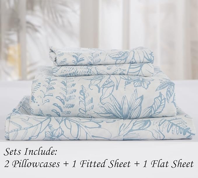 DAUAOTO Cotton Sheets Set King Size 4 Pieces Flower Bedding Sets, Aqua Blue Floral Pattern, Up to 14" Deep