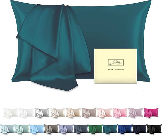 Natural Mulberry Silk Pillowcase for Hair and Skin Queen Size 20"X30" Pillow Case with Hidden Zipper Soft Breathable Smooth Cooling Silk Pillow Covers for Sleeping (Teal,Queen,1Pcs)