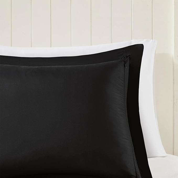 Madison Park Comforter Set, Reversible Down Alternative All Season Microfiber Bedding, 3M Scotchgard Stain Release, Full/Queen Dorm Comforter, Black/Black