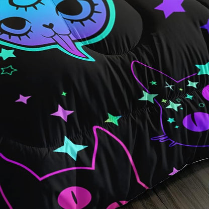 Axolotl Cat Comforter Set Twin,Kawaii Trippy Cat Moon Stars Bedding Set with 1 Comforter 2 Pillowcases for Kids Boys Girls Teens Adults Room Decor All Season,Colorful Neon Trippy Bed Set
