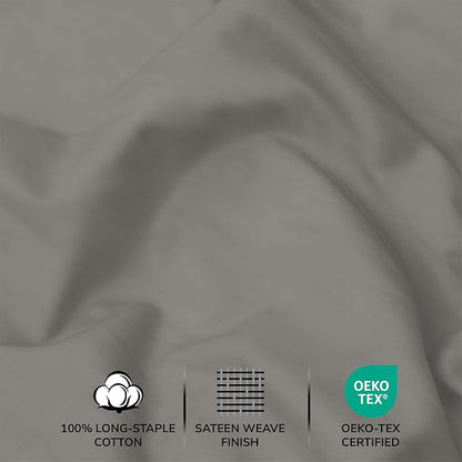 Feather & Stitch 500 TC Full Size 4pc Damask Bed Sheet Set, 100% Soft Cotton Breathable Bedsheets, 18" Deep Pockets Sateen Weave Striped Bedding Mattress Resort Hotel Luxury Decor - (Ash Grey)