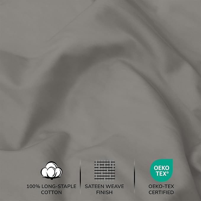 Feather & Stitch 500 TC California King Size 4pc Damask Bed Sheet Set, 100% Soft Cotton Breathable Bedsheets, 18" Deep Pockets Sateen Weave Striped Bedding Mattress - (Ash Grey)