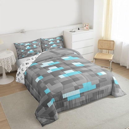 Pixelated Blocks Miners Kids Bedding Set Queen Size,Video Games Game Gamepad Comforter Set,Geometric Grid Patchwork Quilt Comforter,Gray Blue Bedroom Duvet Insert,2 Pillowcases