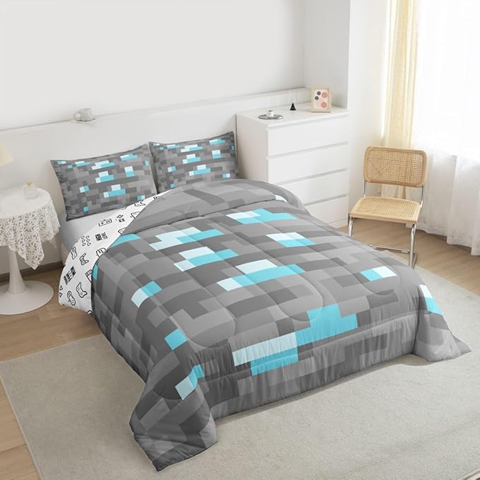 Pixelated Blocks Miners Kids Comforter Set Full Size,Video Games Game Gamepad Bedding Set,Boys Room Decor,Geometric Grid Patchwork Quilt Comforter,Gray Blue Duvet Set Bedroom Quilt Set,2 Pillowcases
