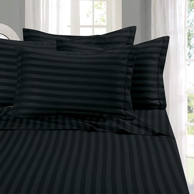 Elegant Comfort Softest and Coziest 4-Piece Sheet Set - 1500 Premium Hotel Quality Microfiber - Luxurious Wrinkle Resistant 4-Piece Damask Stripe Bed Sheet Set, Twin, Black