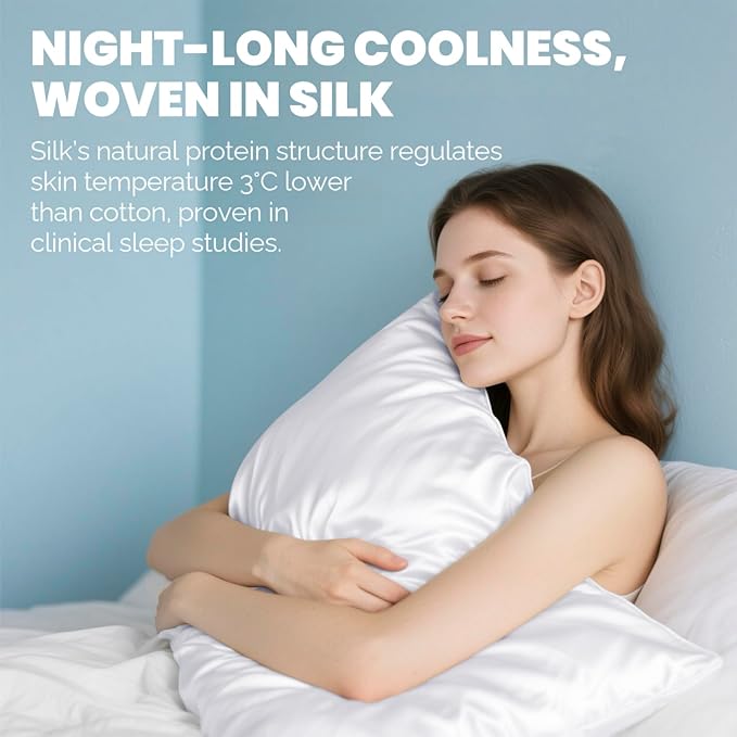 Silk Pillow Cases 2 Pack, Ravmix Both Sides Mulberry Silk Pillowcases Set of 2 Cooling Pillow Cases for Hair and Skin Queen Size with Hidden Zipper, 20 * 30inches, Pure White