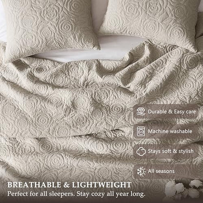 WDCOZY Beige 100% Cotton Quilt King Size Bedding Sets with 2 Pillow Shams, Floral Rosette Lightweight Bedspread Soft Farmhouse Patterned Coverlet Quilted Comforter Bed Cover for All Season, 3 Pieces