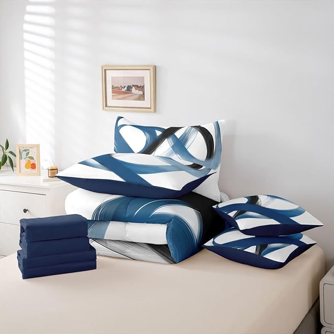 Erosebridal Abstract Navy Blue 7 Piece Comforter Set Queen Bed in A Bag Geometric Minimalist Lines Bedding Set Modern Ink Painting Stripes Quilt Simple Aesthetic Fashion Neutral Sheet Set for Men