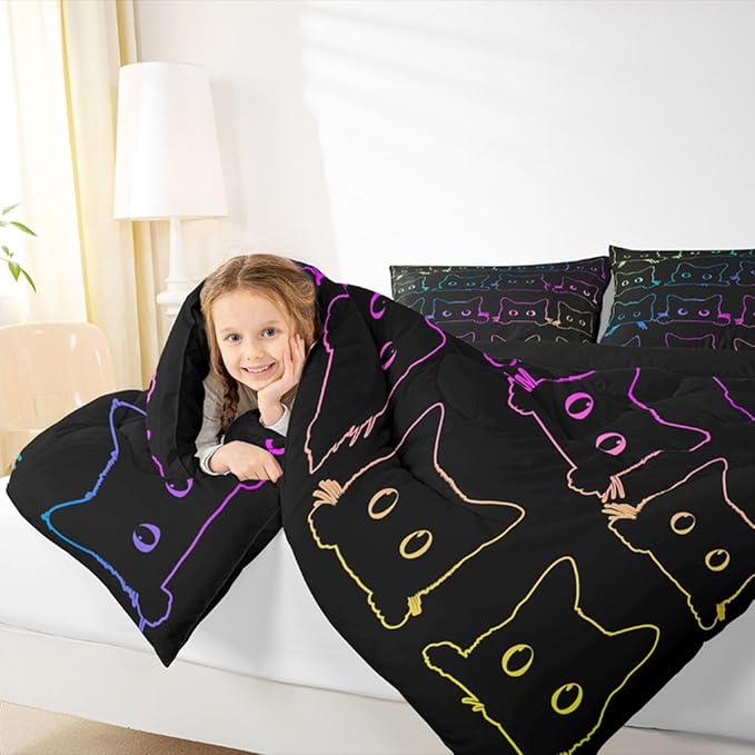 Erosebridal Cute Cats Bedding Set Queen Kawaii Cat Pet Comforter Colorful Neon Ombre Animal Line Down Lovely Lovers Room Decor Lightweight Duvet For Teens Children Boy Girl,Multi 362