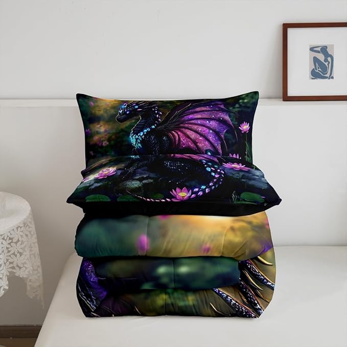 Feelyou Dragon Comforter Set King Size Dragon Stuff Comforter for Boys Girls Teens Wild Life Bedding Set Lotus Flower Duvet Set Room Decor Green Purple Quilt Set