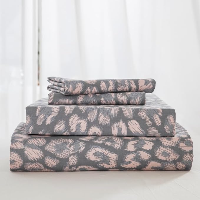 DAUAOTO California King Cotton Sheets Set Printed Bedding Sets, Modern Pattern Bedlinen for Cal King Mattress Up to 14" Deep, Leopard Gray