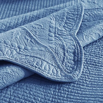MarCielo 3-Piece 100% Cotton Oversized Bedspread Lightweight Quilt Coverlet Embroidery Farmhouse Bedding Set (TG Midtone Blue, Oversized King (118"x106"))