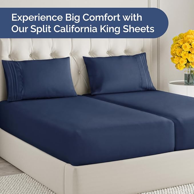 Split California King Bed Sheet Set - 5 Piece Split Cal King Size Sheets - Ultra-Soft, Breathable & Cooling - Comfy, Wrinkle & Fade Resistant - Fits 8" to 16" Inch Mattress w/ Deep Pockets - Navy Blue