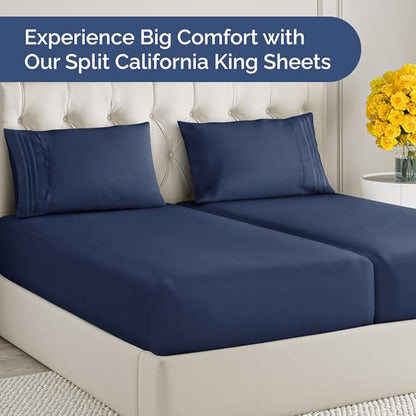 Split California King Bed Sheet Set - 5 Piece Split Cal King Size Sheets - Ultra-Soft, Breathable & Cooling - Comfy, Wrinkle & Fade Resistant - Fits 8" to 16" Inch Mattress w/ Deep Pockets - Navy Blue