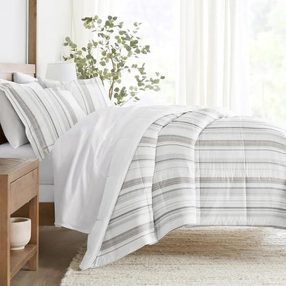 LINENS & HUTCH Comforter Set Patterned Microfiber All Season Down-Alternative Ultra Soft Bedding in Vertical Stripe - Twin/TwinXL Vertical Stripe Dune