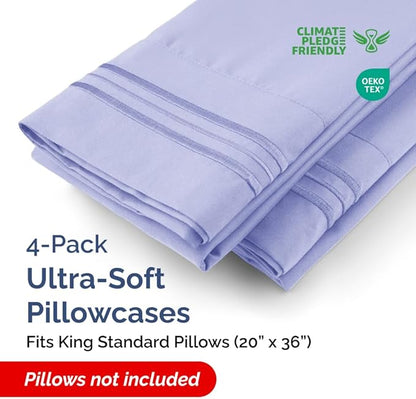 King Standard Pillow Cases Set of 4 - Soft Hotel Quality Pillowcase Covers - Comfy Bedding for Women, Men, Kids & Teens - Machine Washable Pillow Protectors - 4 Piece Set - King Standard Size Lavender