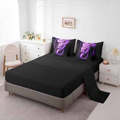Erosebridal Gothic Dragon Bed in a Bag Queen Comforter Set 7 Piece,Purple Rose Bedding Sets Prehistoric Animal Flowers Sheet Set with Comforter