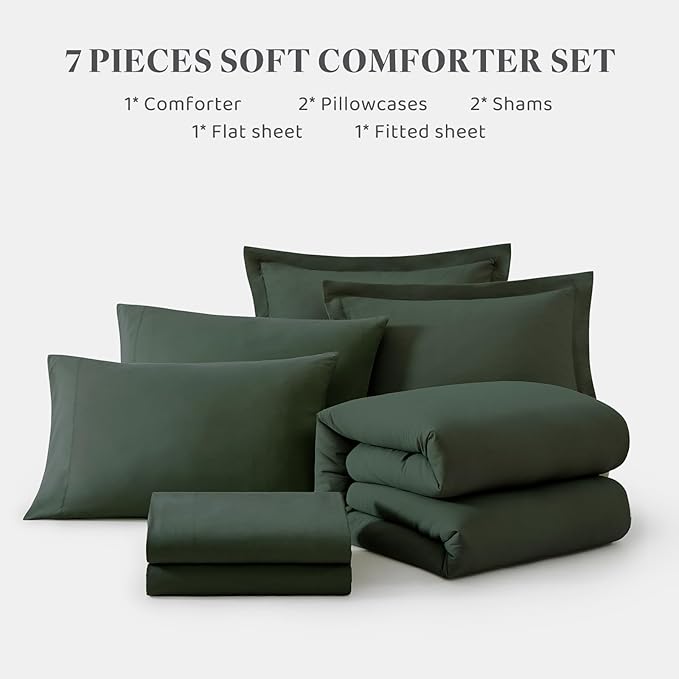 WRENSONGE Super King Plus Comforter Set - 7 Pieces Deep Green Soft Bed in a Bag Super King Plus with Fitted Sheet, Flat Sheet, 2 Pillow Shams, and 2 Pillowcases- Warm Bedding Sets for All Season