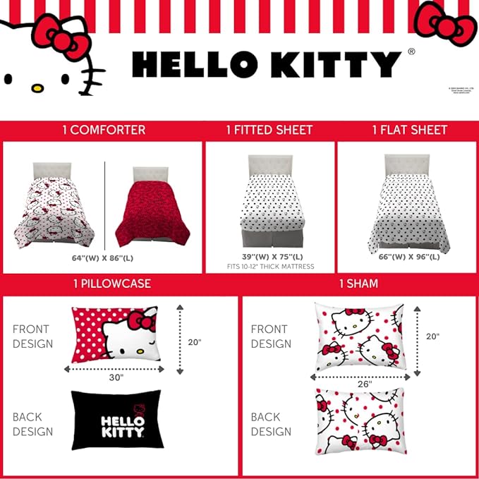 Hello Kitty Polka Dot Bedding 5 Piece Super Soft Comforter and Sheet Set with Sham, Twin, (Officially Licensed Product) by Franco Collectibles