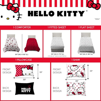Hello Kitty Polka Dot Bedding 5 Piece Super Soft Comforter and Sheet Set with Sham, Twin, (Officially Licensed Product) by Franco Collectibles